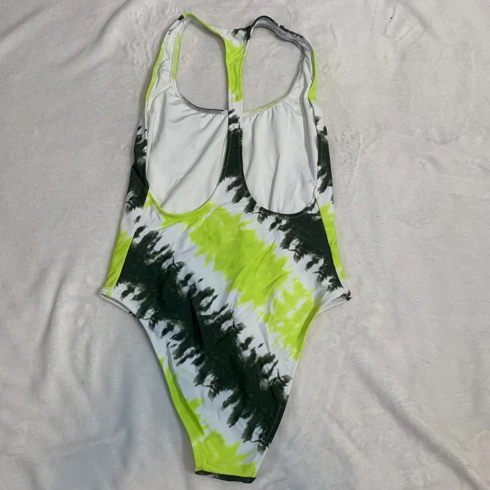 Aerie Tie Dye One Piece Swimsuit Neon Green Black‎ White Racerback Size M